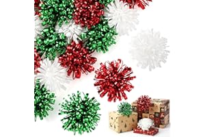 Yunlly 40 Pcs 4 Inch Christmas Tinsel Bows for Gift Wrapping Bulk Self Adhesive Gift Wrap Bows Toppers for Present Holiday Christmas Birthday Party Decoration Accessory(Green, Red, White)