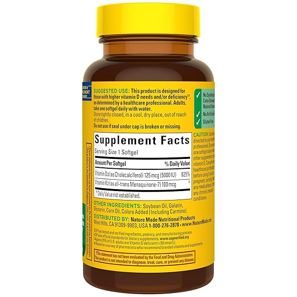 NATURE MADE VITAMIN D3 K2 SUPPLEMENT, 5000 IU (125 MCG) VITAMIN D FOR BONE, TEETH, MUSCLE AND IMMUNE SUPPORT, 30 D3 AND K2 SOFTGELS, 30 DAY SUPPLY