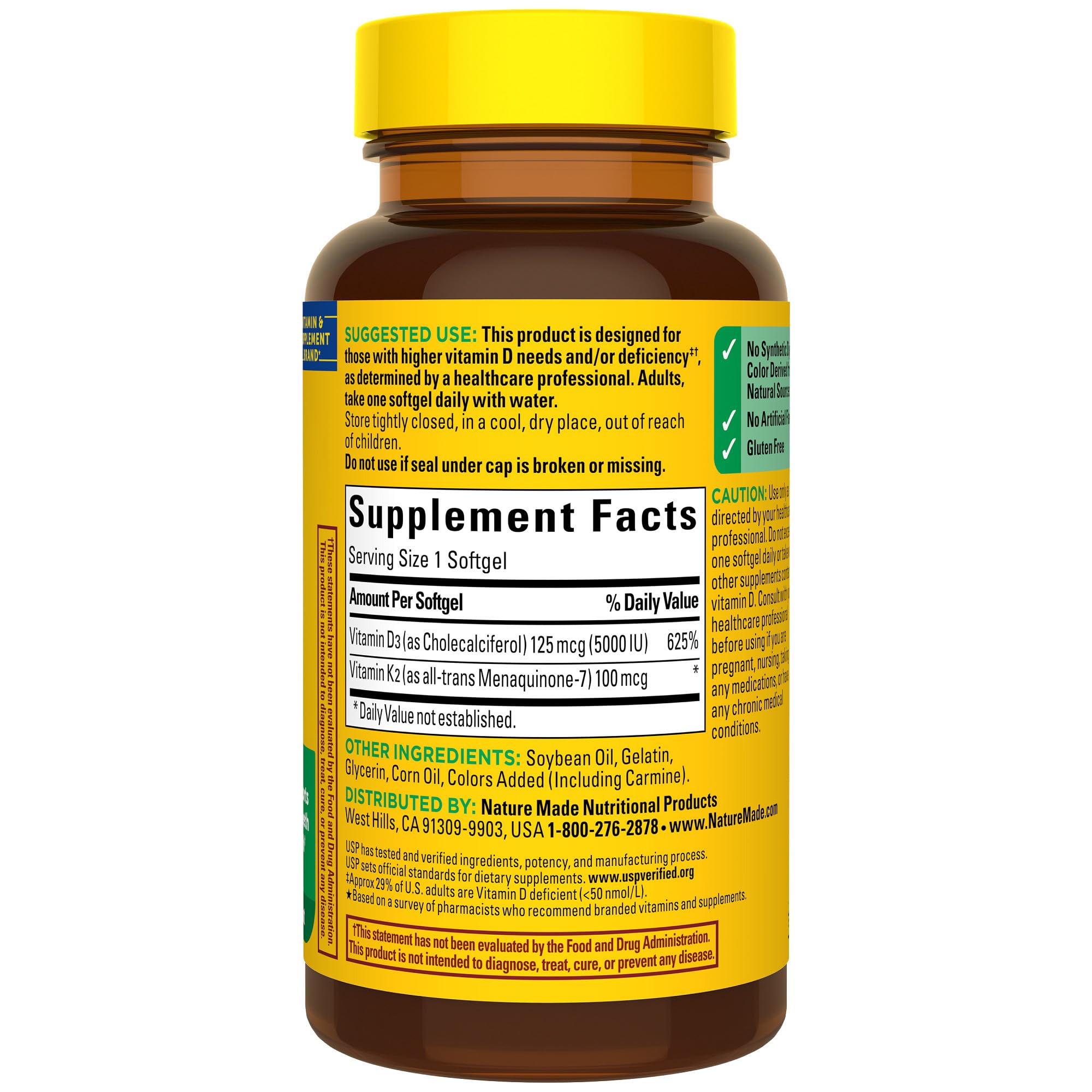 Nature Made Vitamin D3 K2 Supplement, 5000 IU (125 mcg) Vitamin D for Bone, Teeth, Muscle and Immune Support, 30 D3 and K2 Softgels, 30 Day Supply