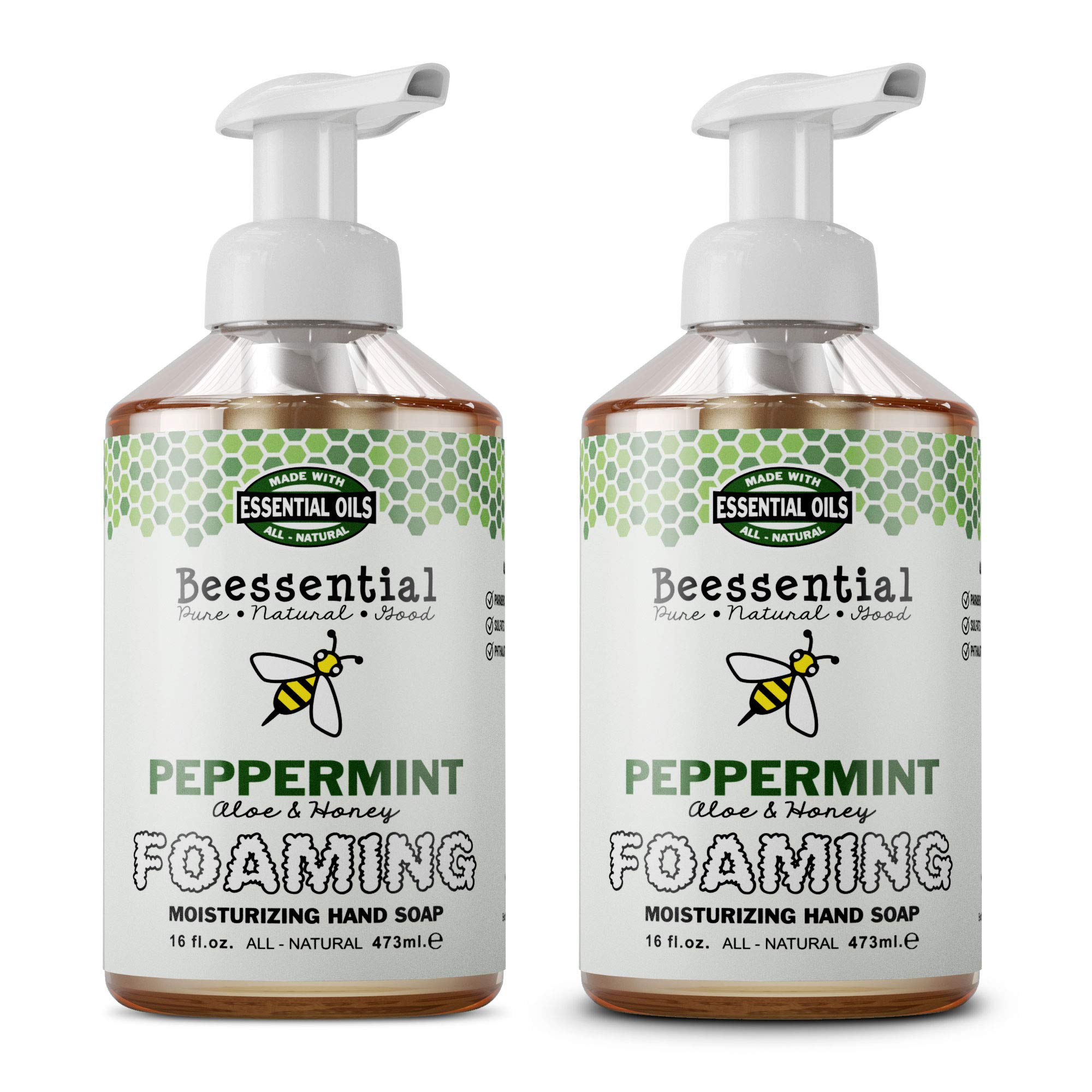 BeessentialAll Natural Bulk Foaming Hand Soap Refill, 16 oz 2 Pack Peppermint | Made with Moisturizing Aloe & Honey - Made in the USA