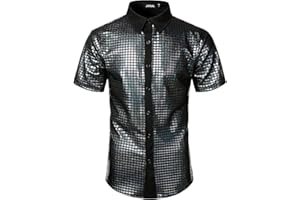 JOGAL Men's 70s Costume Rainbow Sequins Disco Party Dress Short Sleeve Button Down Shirts