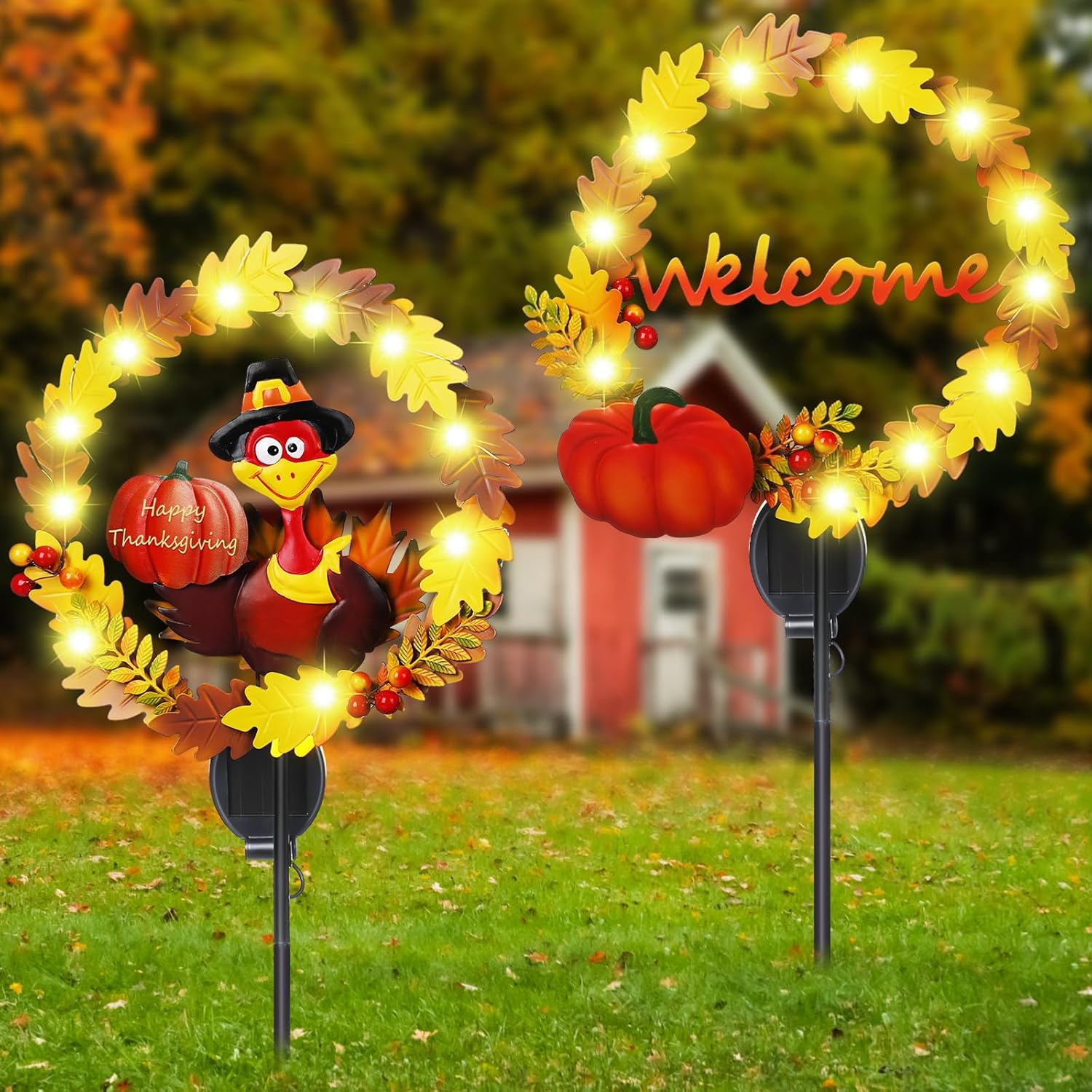 Decorative Garden Stakes - Capoda 2 Pcs Thanksgiving Turkey Garden Stakes 42.5 Inch LED Turkey Welcome Yard Signs Solar Powered Outdoor Decor with Leaves Pumpkin Turkey for Garden Yard Lawn Pathway Thanksgiving Autumn