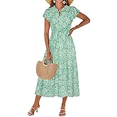 GRACE KARIN Women's Floral Boho Dress Hawaiian Dresse Short Sleeve V Neck Summer Beach Wedding Guest Swing Maxi Sundress