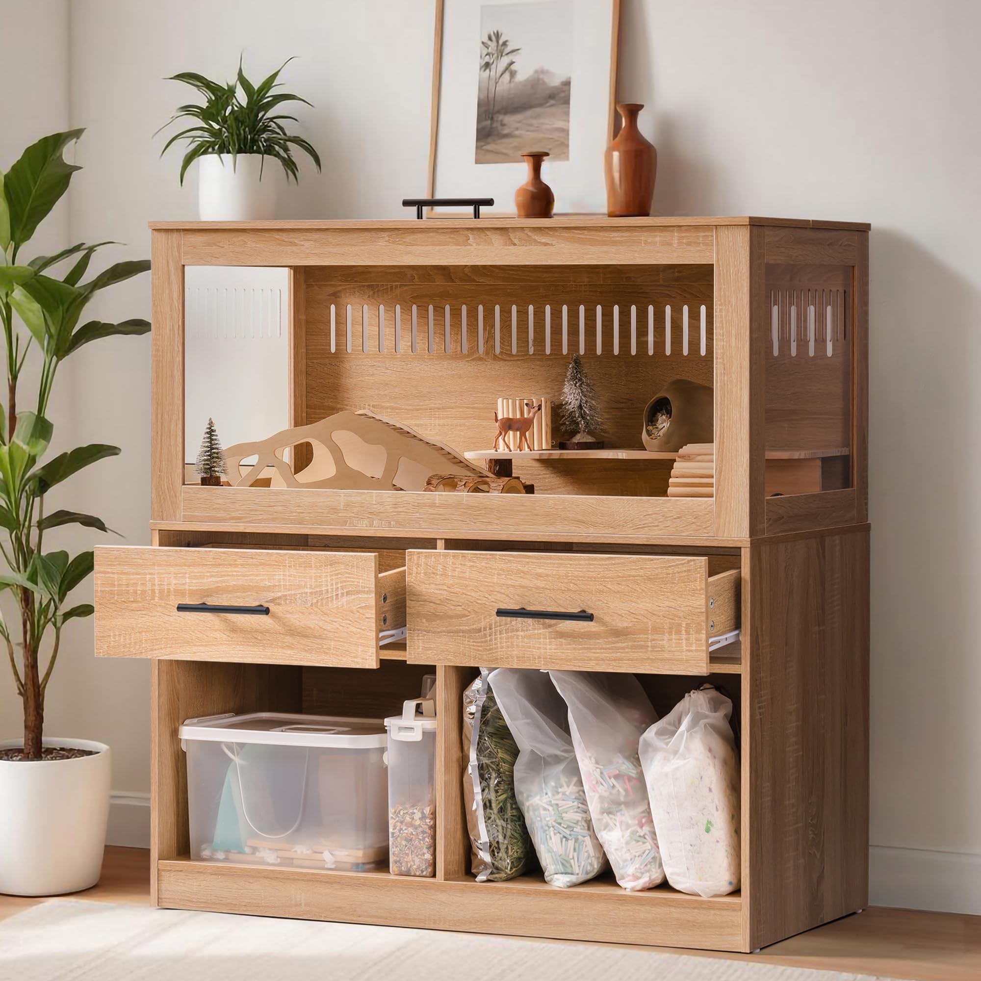 Photo 1 of Mewoo Large Hamster Cage, Hamster Cage with Storage Cabinet, Large Habitats Hamster House with View Acrylic Panels and Drawer, Small Animal Cage for Guinea Pig, Rat, Hedgehog, Ferret