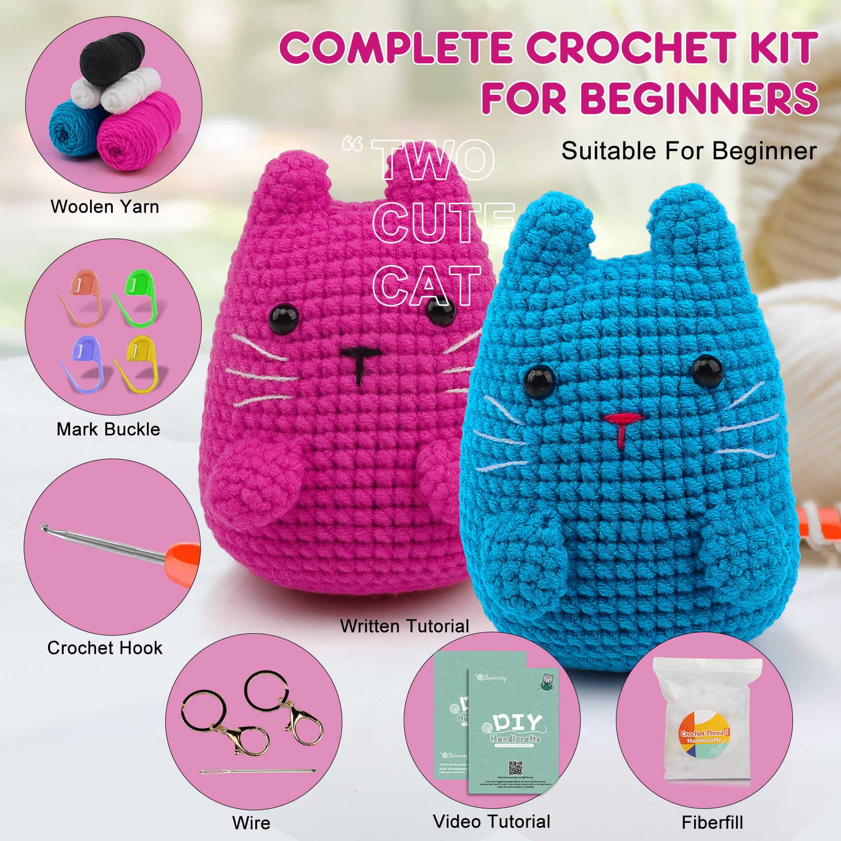 Faircosy Crochet Kit for Beginners Crocheting: Crochet Animal Kits for Kids & Adults - Learn to Knitting Cat Amigurumi Starter Kit with Detailed Tutorial Video and Instructions (40%+ Yarn Extra)
