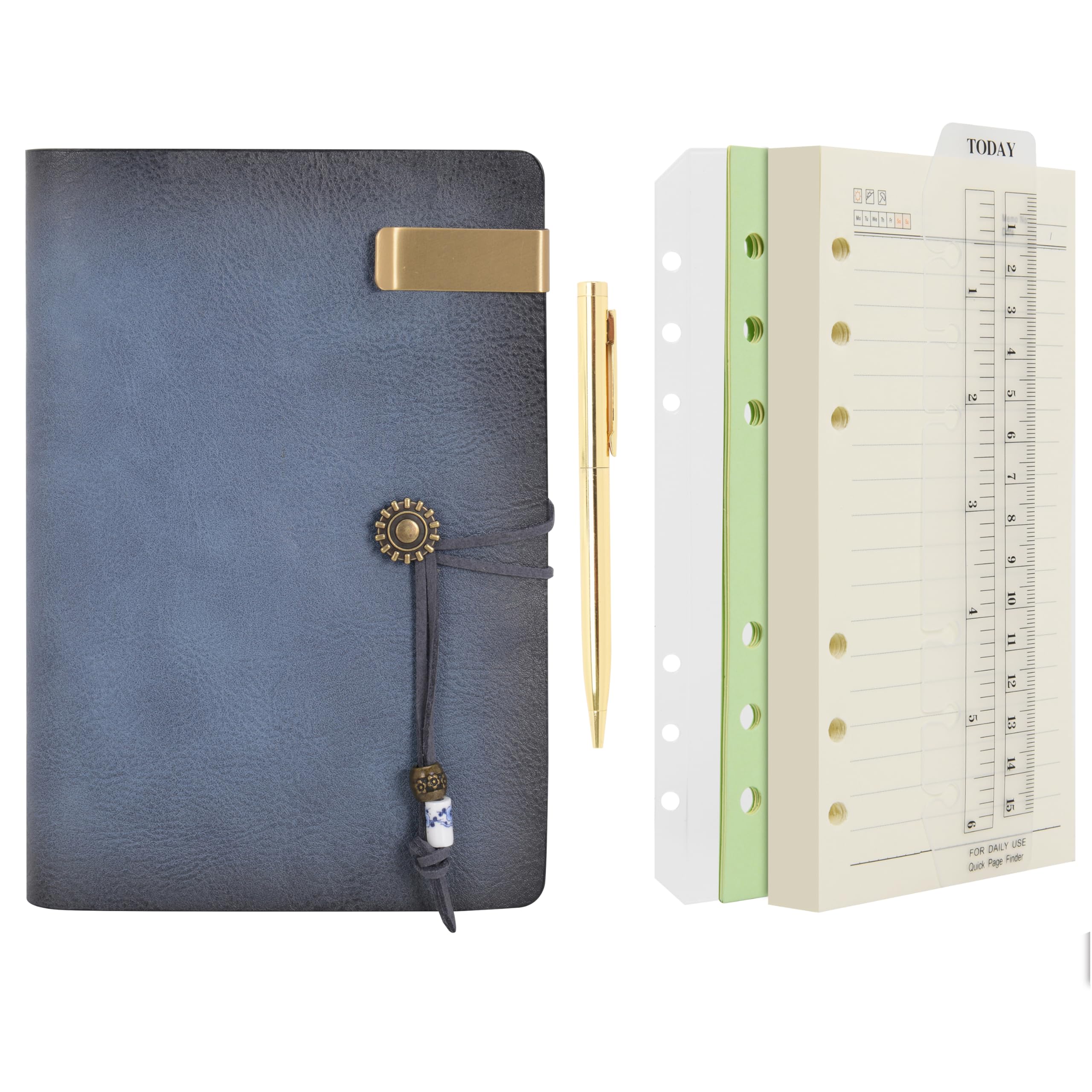 WONDERPOOL Leather Journal Lined Paper Notebook & Pen - Refillable 6 Ring Binder Writing Spiral Diary with Ruled Notepads Vintage Cover for Office Travel Work and Plan Agenda (a-Mist blue, A6)