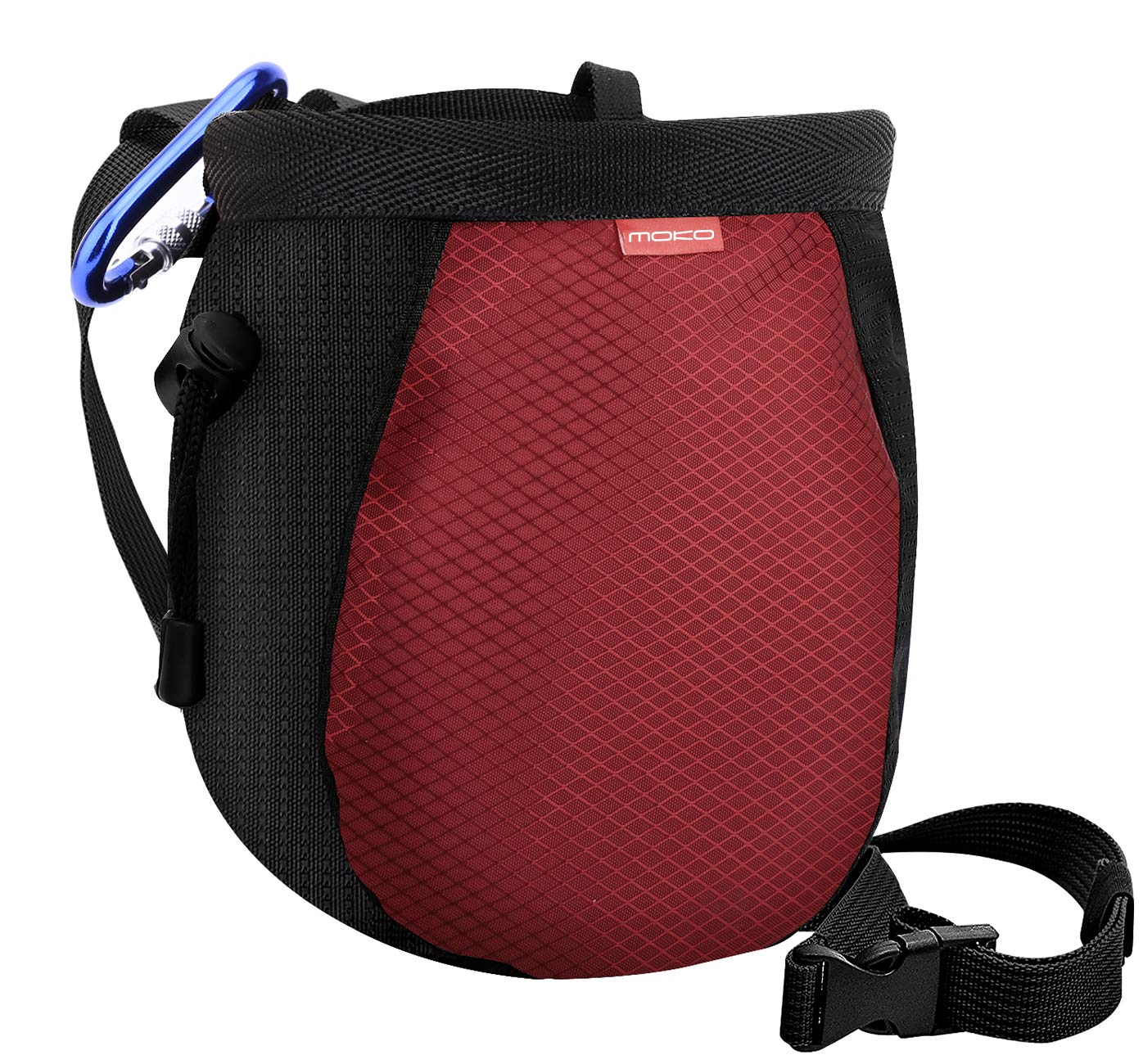 MoKo Rock Climbing Chalk Bag, Bouldering Chalk Bag Bucket with Adjustable Belt & Carabiner Drawstring Climbing Chalk Bag for Rock Climbing Weight Lifting Gymnastics Crossfit - Black & Red