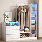Armoire Wardrobe Closet with Hanging Rod & 3 Drawers, Large Clothing Storage Cabinet with Charging Station & Led Lights, Clos