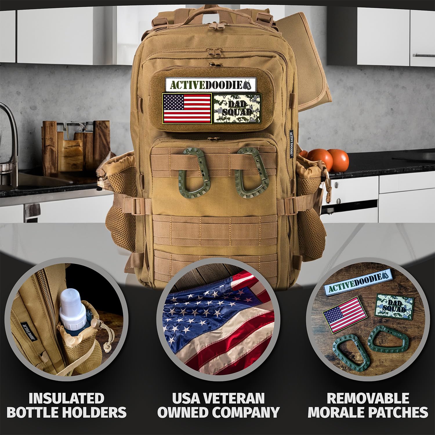 Dad Diaper Bag for Men with Removable Morale Patches, Waterproof Changing Pad, Insulated Pouches, Molle Webbing, YKK Zippers, Coyote Brown