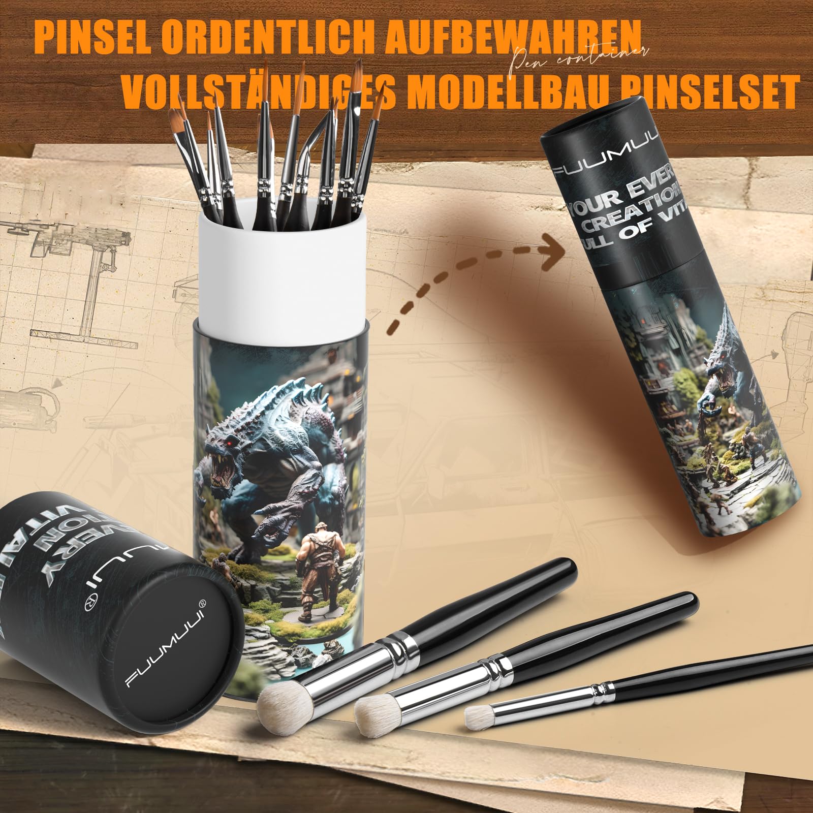Modellbau Pinsel - 11 Premium Feine Detail Pinselset+3 Drybrush Pinsel für Acryl, Aquarell, Miniaturen, Modell, Warhammer 40k | ideal für Modellbau, D&D, Games Workshop, Tabletop, Citadel, Vallejo 5
