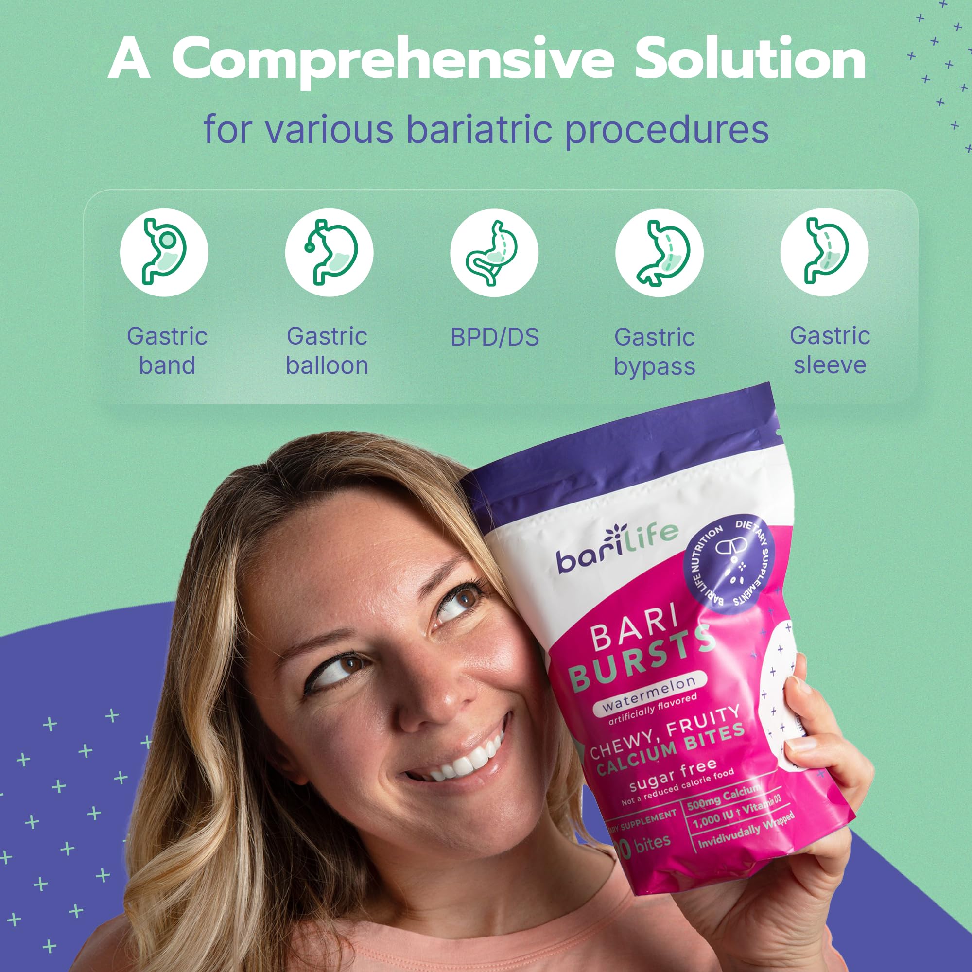 Calcium Citrate Bariatric Calcium Chews with 1000 IU Vitamin D3 - Ideal for Bariatric Patients - BariBurst by Bari Life (Watermelon)