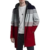 Xernbit Men's Color Block Long Jacket Warm Fleece Full Zip Hoodie Casual Stripes Sherpa Winter Hooded Coat with Pockets