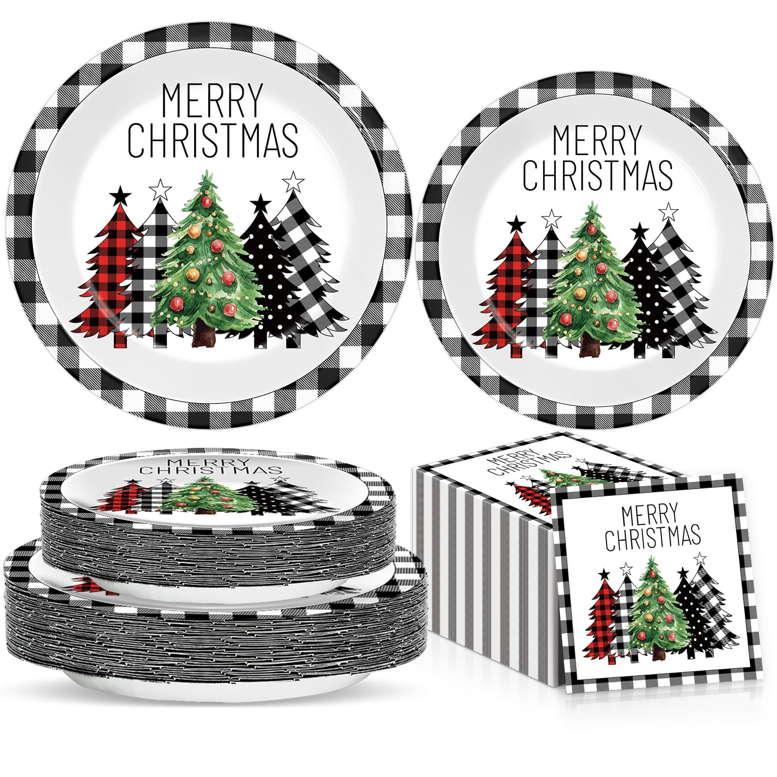 Photo 1 of 100Pcs Christmas Buffalo Plaid Tree Paper Plates and Napkins Black White Gingham Table Decoration Merry Christmas Disposable Dinnerware Xmas Trees Tableware for Xmas Holiday Birthday Party Supplies