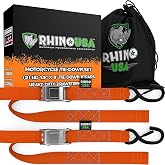 Rhino USA Motorcycle Tie Down Straps (2-Pack) - Cambuckle with Soft Loops | 2,200lb Break Strength, Scratch-Free Soft Loops, Steel Cambuckle. Easier &amp; Faster Than a Ratchet Strap. Orange