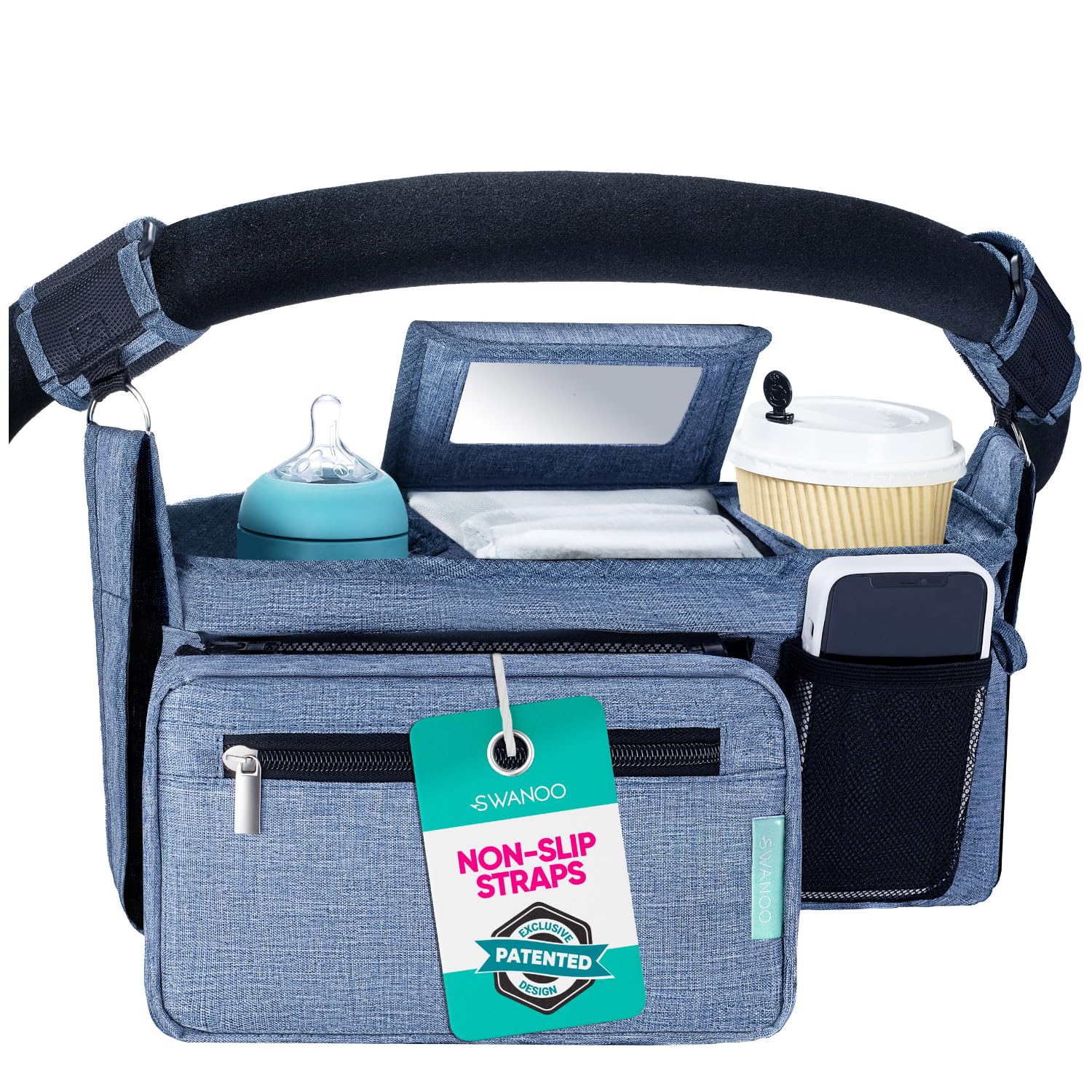 Photo 1 of Swanoo Stroller Caddy Organizer With Cup Holder, Non-Slip Straps, Bag for Phone, Pet Accessories, Universal Fits Uppababby Vista v2 Wonderfold Wagon, Doona and More