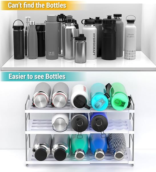 YAN & HIN WATER BOTTLE ORGANIZER FOR CABINET, 3-TIER EXPANDABLE BOTTLE STORAGE RACK, ADJUSTABLE HEIGHT HOLDS 15 BOTTLES, TUMBLER & BABY BOTTLE ORGANIZER FOR KITCHEN PANTRY COUNTER (2 PACK)