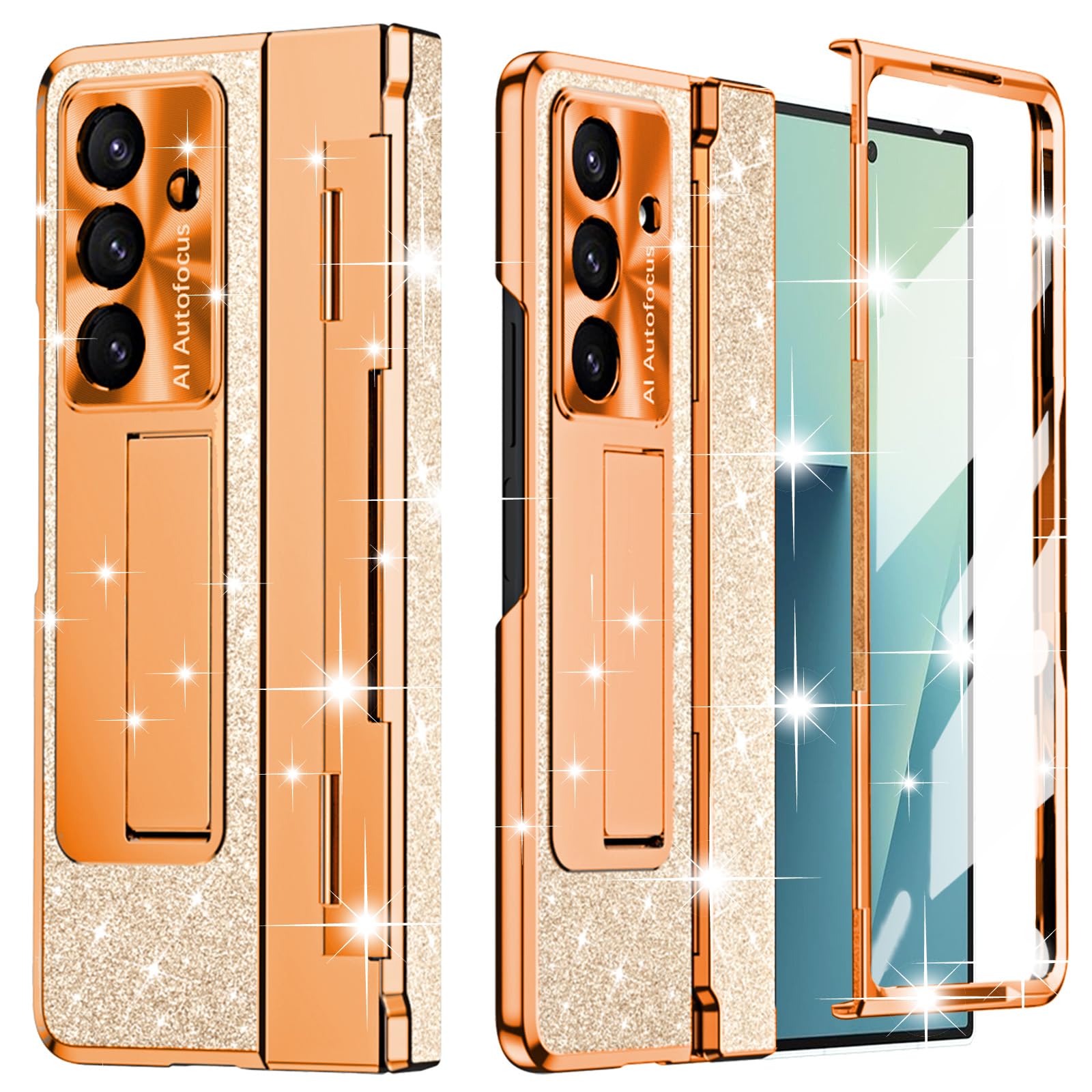 Photo 1 of YQODSZ for Samsung Galaxy Z Fold 7 Case for Women, Glitter Bling Leather Z Fold 7 Phone Case with Kickstand Screen Protector Hinge Protection Full-Body Slim Protective Case for Z Fold 7 Gold