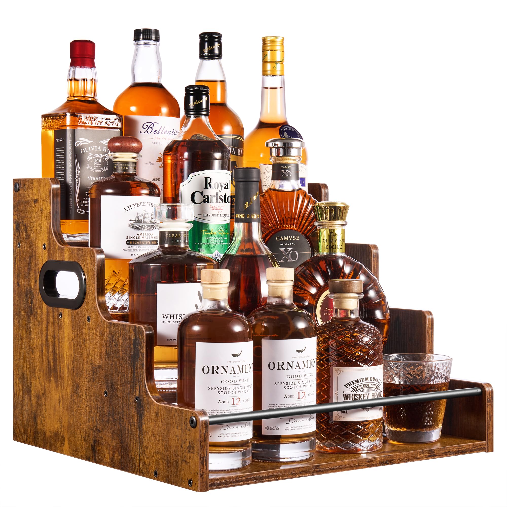 Photo 1 of YQBRAO 4-Tier Liquor Bottle Display Shelf, Holds up to 16 Bottles, Extra Large Rustic Bar Shelves for The Home Bar, Countertop Whiskey Organizer with Handles
