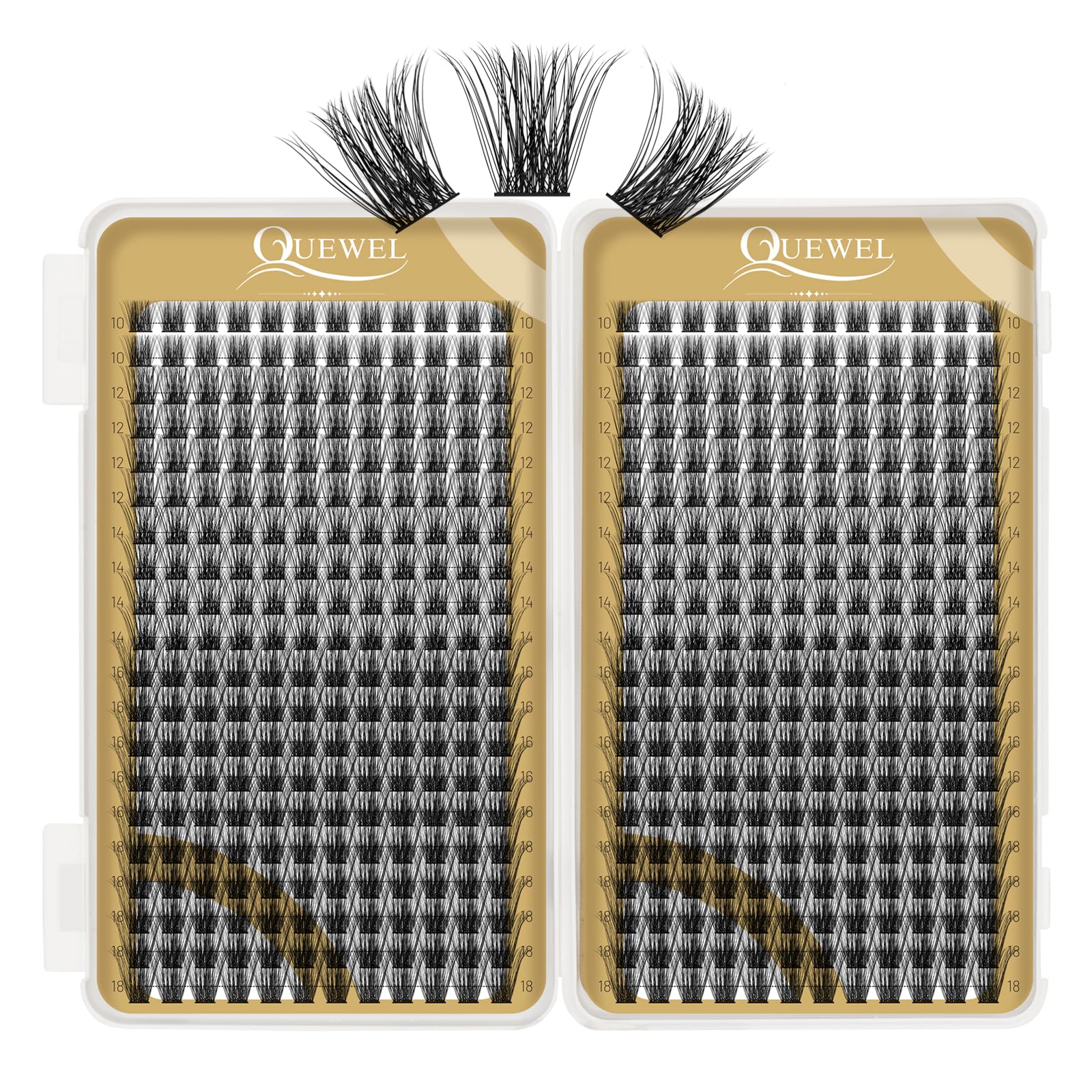 Cluster Lashes 480 Pcs QUEWEL Individual Eyelashes MIX10-18 D Curl DIY Lash Extensions Thin Band Lash Clusters Eyelashes Individual Volume False Eyelashes Soft & Light For Home Use（honey01 D MIX10-18）