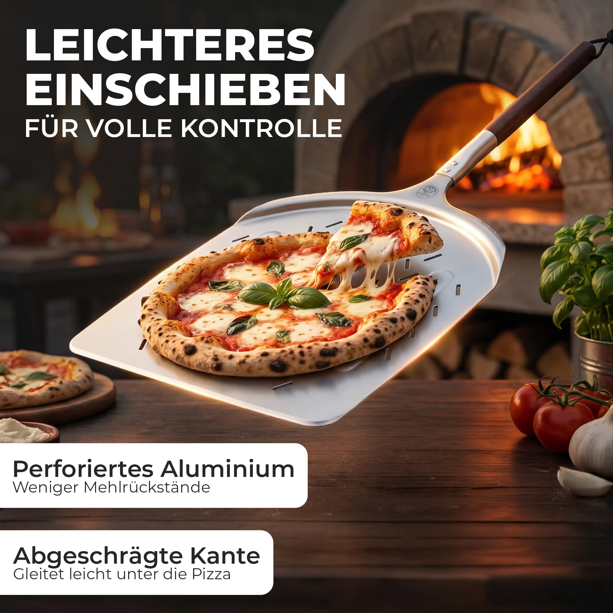 OfenMomente® Pizzaschieber 12 Zoll (30 x 30 cm) - perforierte Pizzaschaufel aus eloxiertem Aluminum mit Akazienholzgriff - Leichter Pizzaheber für Pizzaofen, Gasgrill, Steinofen, Backofen & Grill 2