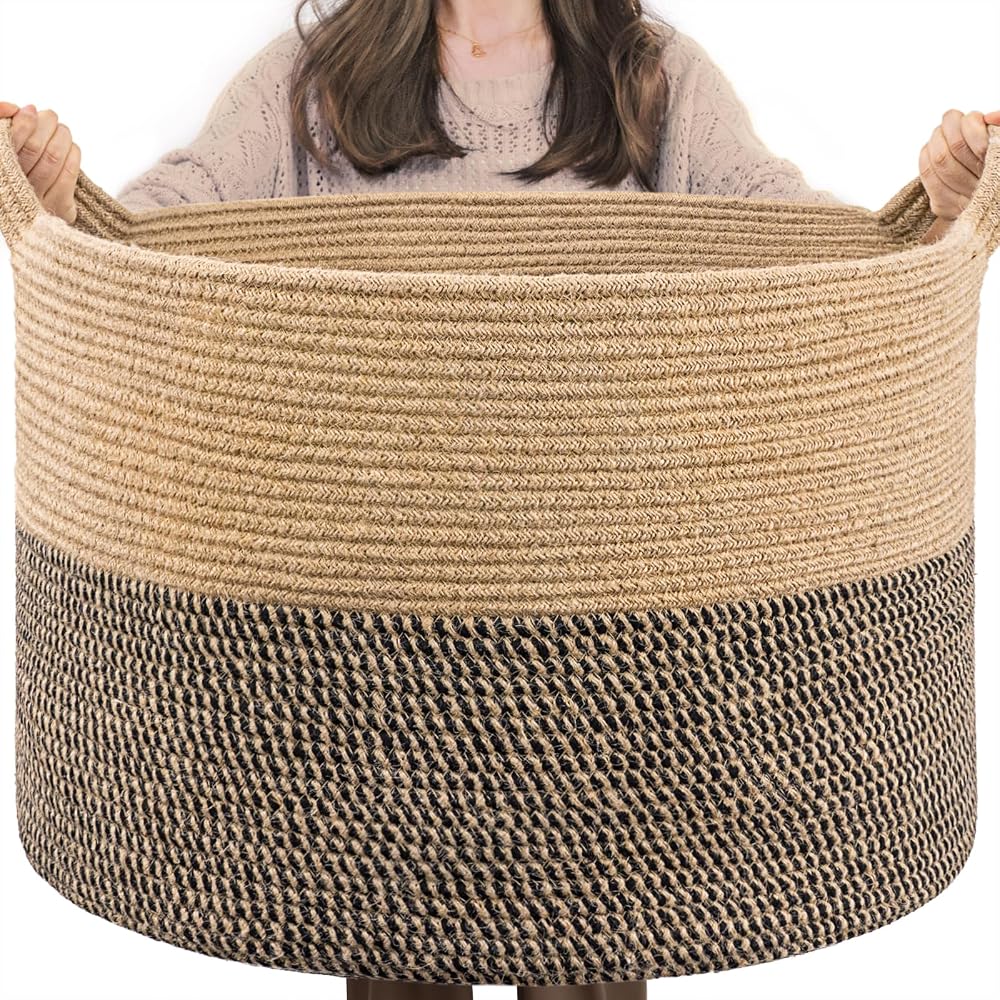 TIMEYARD Extra Large Laundry Hamper Woven Basket 55x55x35cm Black Jute