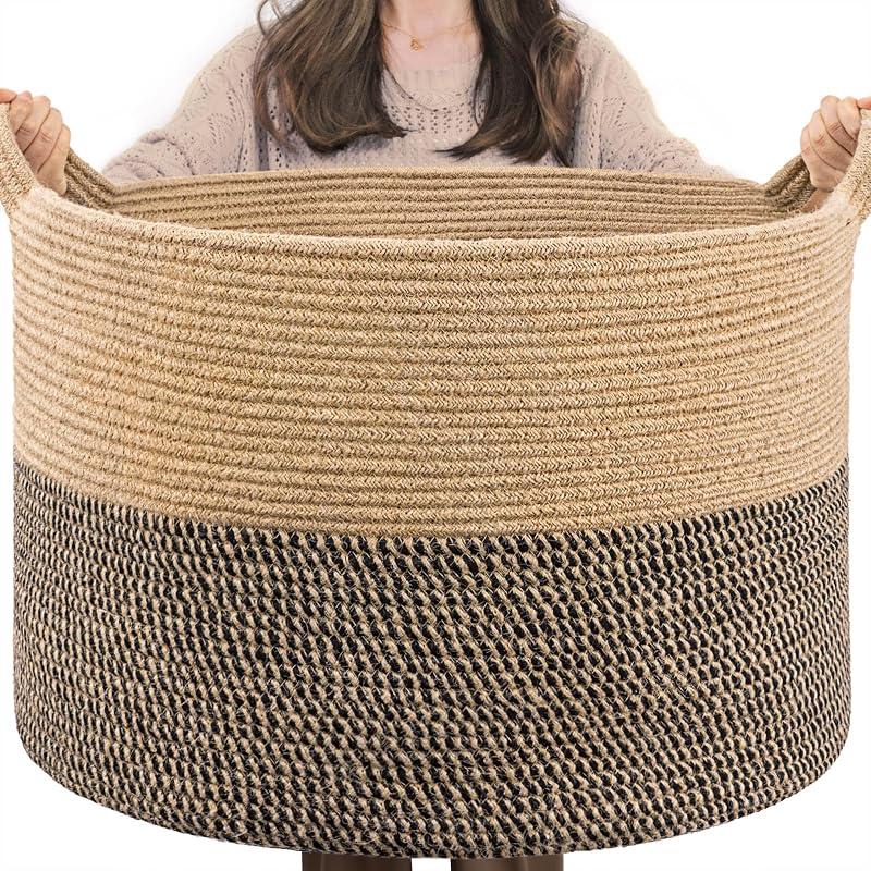 TIMEYARD Extra Large Laundry Hamper Woven Basket 55x55x35cm Black Jute