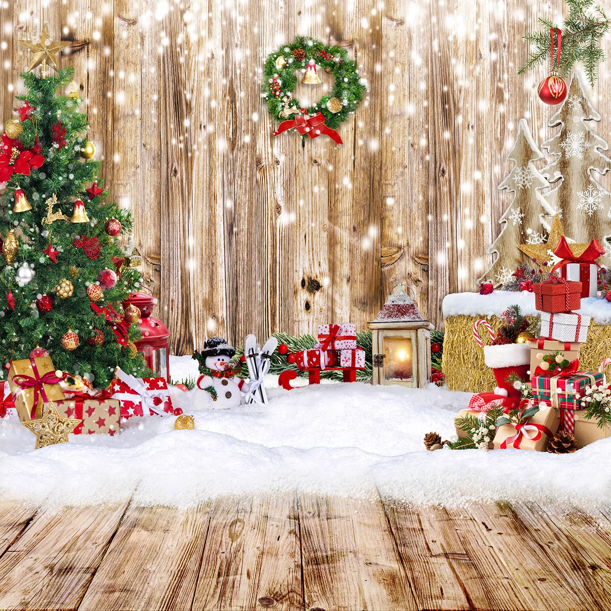 Photo 1 of Alltten 10x10ft Christmas Backdrops for photography Winter Snow photography backdrop Rustic Wood Floor Backdrop Xmas Tree Gift Christmas Family Party Background New Year Backdrop Decoration F25