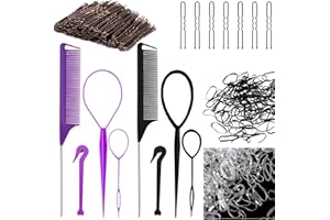 CAABISO Tail Hair Tools, 458PCS Hair Loop Styling Tools Set with Rat Tail Comb, Clear Black Hair Elastics, U Shaped Bobby Pin