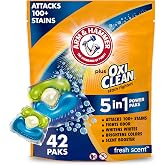 ARM &amp; HAMMER Plus OxiClean 5-in-1 Laundry Detergent Power Paks, 42 Count | Attacks 100 Plus Stains, Odor Fighting, Whitens and Brightens, Pre-Measured Power Paks, Fresh Scent