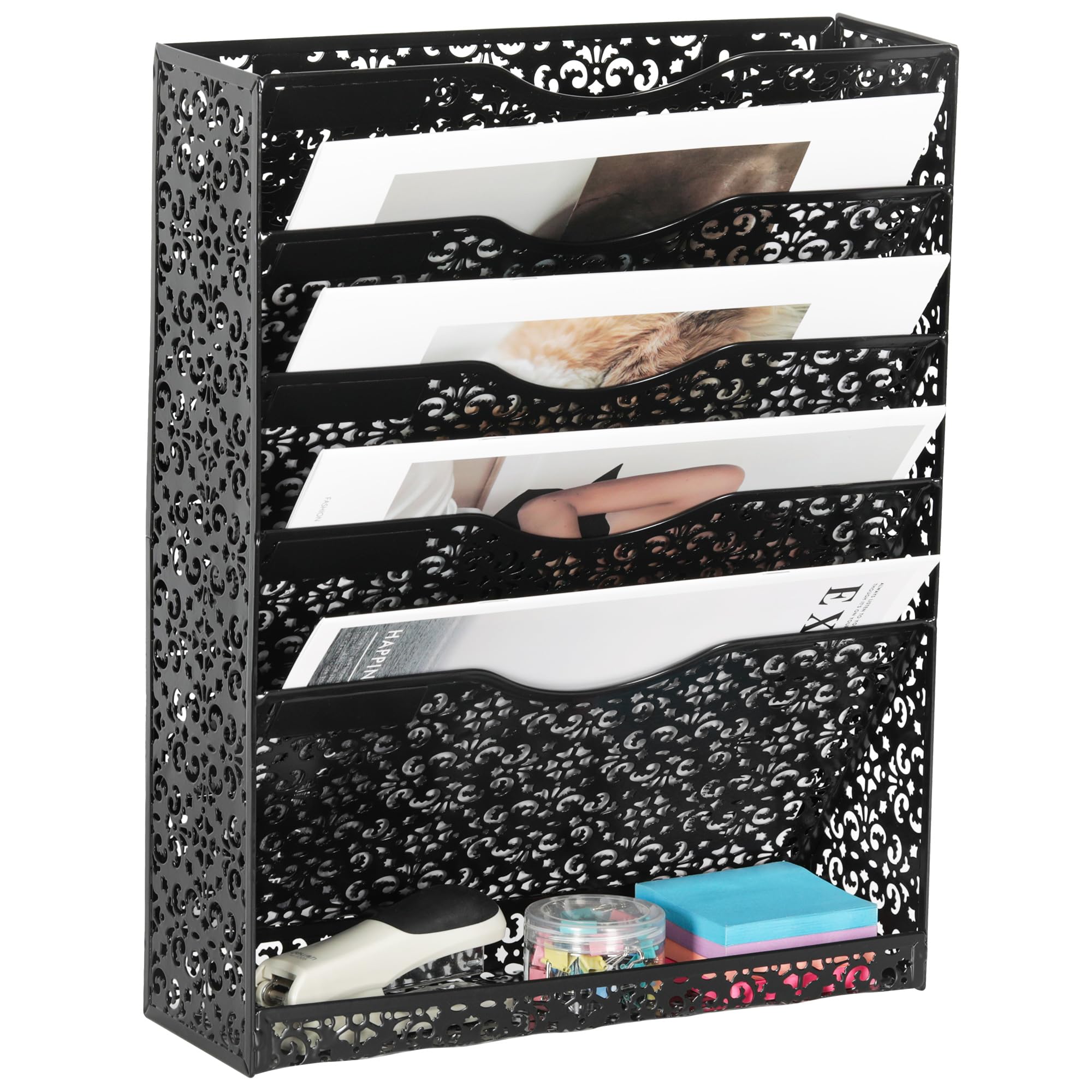 Photo 1 of EasyPAG Desk File Organizer Heavy Duty Metal Wall Mount File Holder 5 Tier Mail Paper Folder Holder with Bottom Tray for Office Home Cubicle Countertop, Black