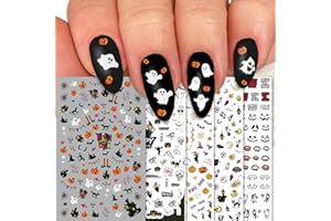 TailaiMei 1500 Pcs Halloween Nail Decals Stickers, 12 Sheets Self-Adhesive DIY Nail Art Tips Stencil for Halloween Party, Include Pumpkin/Bat/Ghost/Witch etc