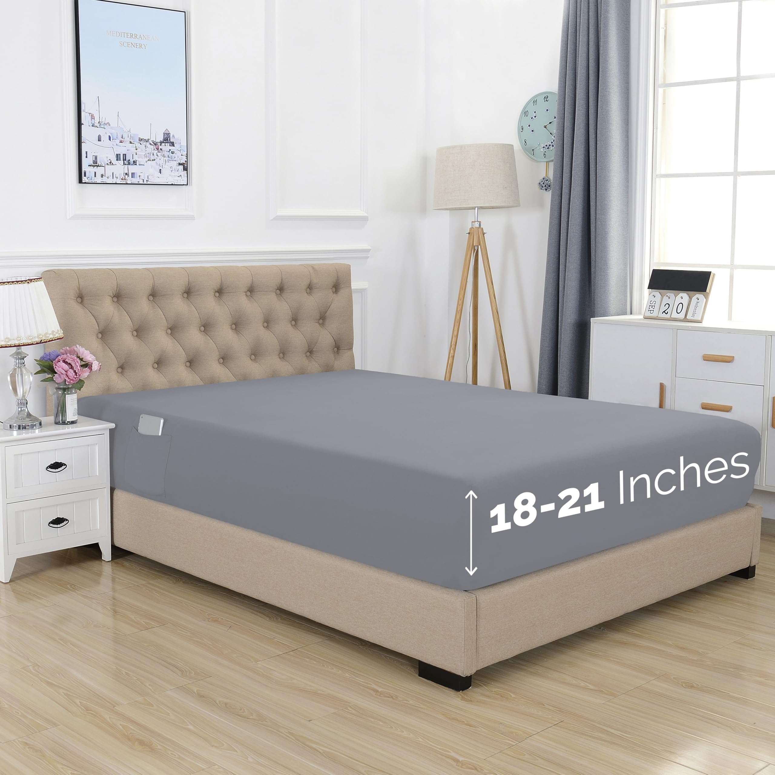 Elegant Comfort 1500 Premium Hotel Quality 18-21 Inches Deep - Extra Deep Pocket Single Fitted Sheet for High Mattress, Luxury and Softest, Smart Pocket - Wrinkle Free, Twin/Twin XL, Gray — image 1