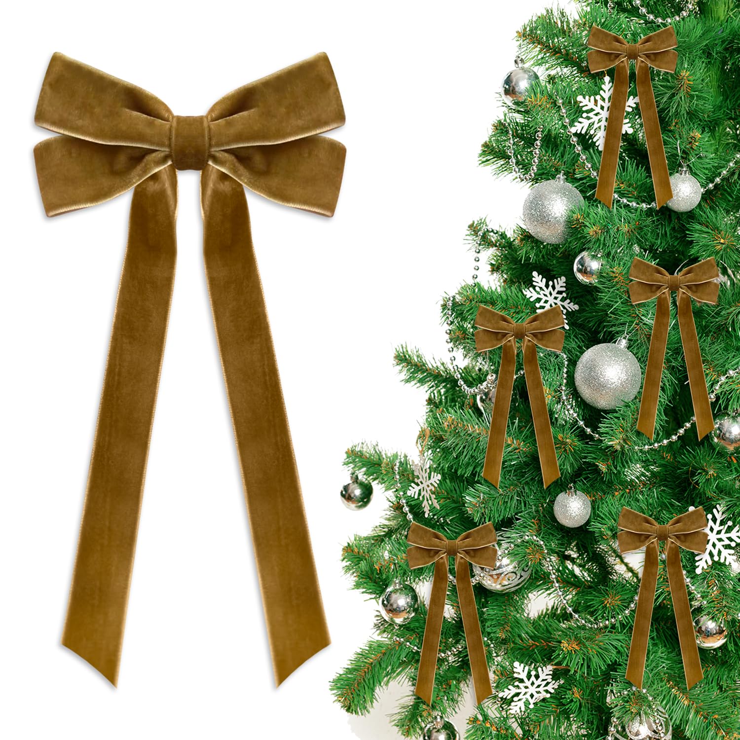 Photo 1 of 12 PCS Khaki Brown Velvet Christmas Bows Ornaments Decorations, 10.2'' Vintage Long Velvet Bows Decor Ornaments for Christmas Tree Wreath Mantle Stair Gift Wrap, 0.98’’ W/5.11 * 10.23 inch