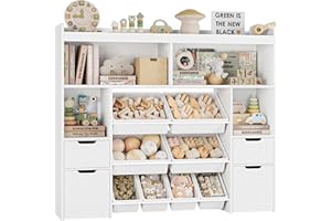 HORSTORS 55" W Toy Storage Organizer with Drawers, Large Kids Toy Storage Box with Removable Bins, Tall Kids Bookshelf and Bookcase for Boys and Girls, Modern Toy Chest for Playroom, Classroom, White
