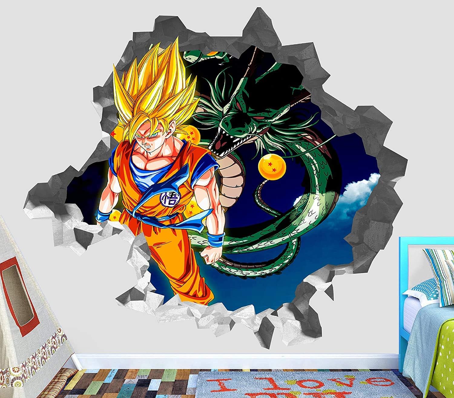 Dragon Ball Z Goku Shenlong Wall Decal Smashed 3D Sticker Vinyl Decor Mural Kids - Broken Wall - 3D Designs - OP141 (Large (Wide 40" x 36" Height))