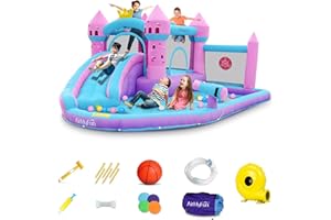 AirMyFun Pink Inflatable Waterslide, Water Bounce House for Big Kids 3-12 in The Backyard- Water Bouncy House for Wet and Dry, Splash Pool - Sturdy Outdoor Bouncer/Castle - Includes Blower& Repair Kit