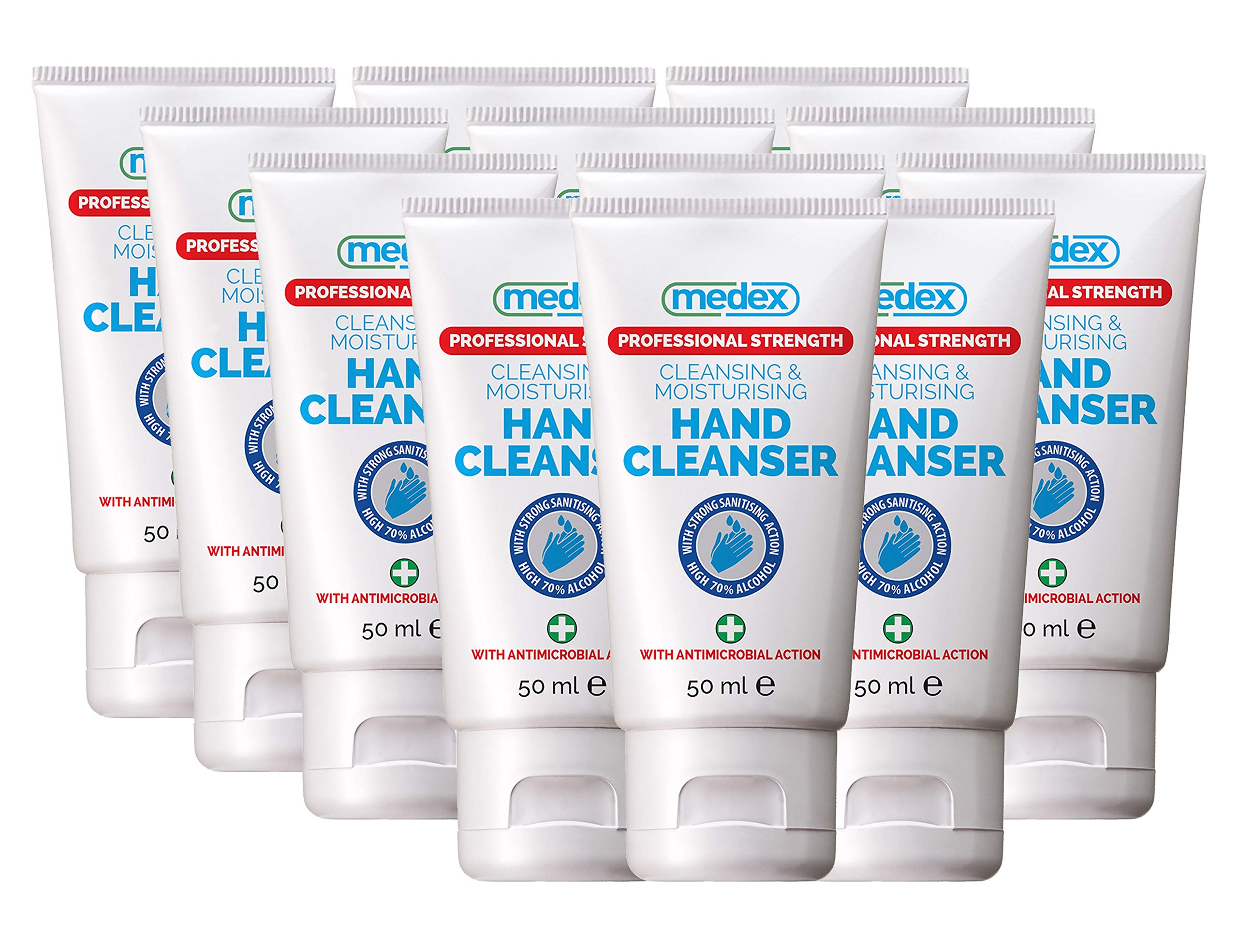 Medex Professional Strength Cleansing and Moisturising Hand Sanitiser 50ml (Pack of 12) with Non-Sticky, Strong Sanitising Action, Flip Top Lid and Anti-Tamper Seal
