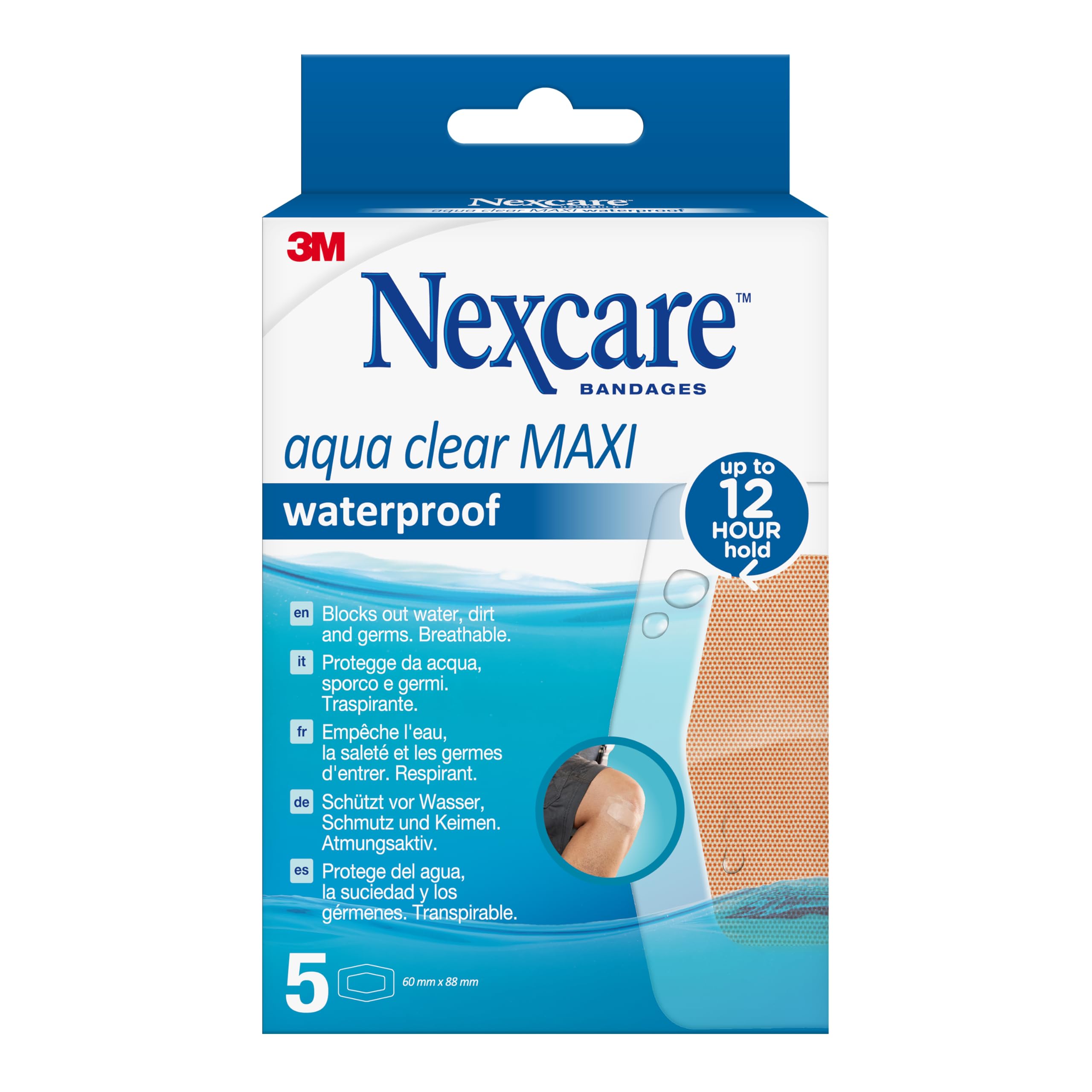 Nexcare Aqua Clear MAXI Waterproof Bandages, 5 Plasters per Pack, 60 mm x 88 mm, Waterproof, for Wounds and Minor Scratches, Plasters for First Aid Kits