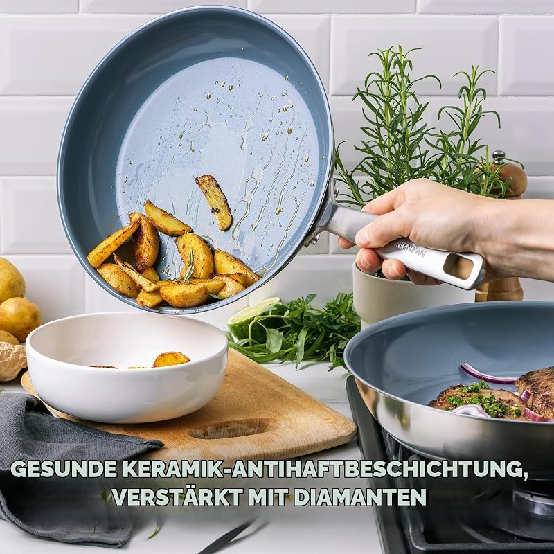 Treviso Edelstahl Gesunde Antihaftbeschichtung aus Keramik Non-Stick 24cm & 28cm Bratpfannenset, PFAS-frei, Induktion, Backofen geeignet, Spülmaschinenfest, Silber — Foto 2 von 8