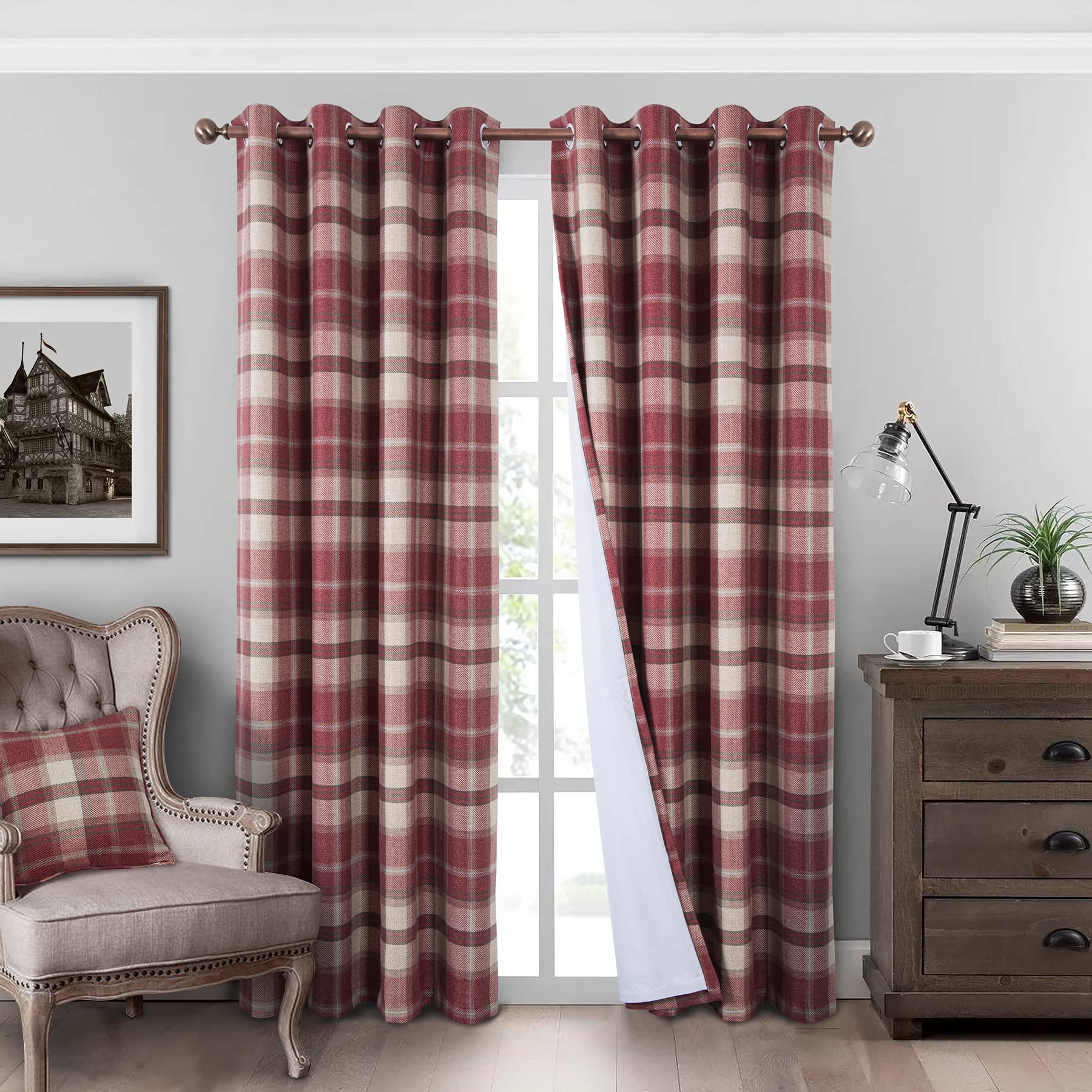 always4u Plaid Curtains 100% Blackout Thermal Drapes for Bedroom Check Woolen Look Farmhouse Living Room Curtains 2 Panels 45 * 63 Classic Red