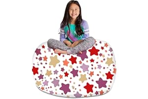 Posh Creations Stuffable Kids Stuffed Animal Storage Bean Bag Chair Cover - Childrens Toy Organizer, X-Large-48 - Canvas Stars Pink and Purple Pastel