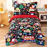 Wowelife Toddler Bedding Set 4 Piece Black Toddler Bed Set with Comforter, Flat Sheet, Fitted Sheet and Pillowcase(Black Transportation)