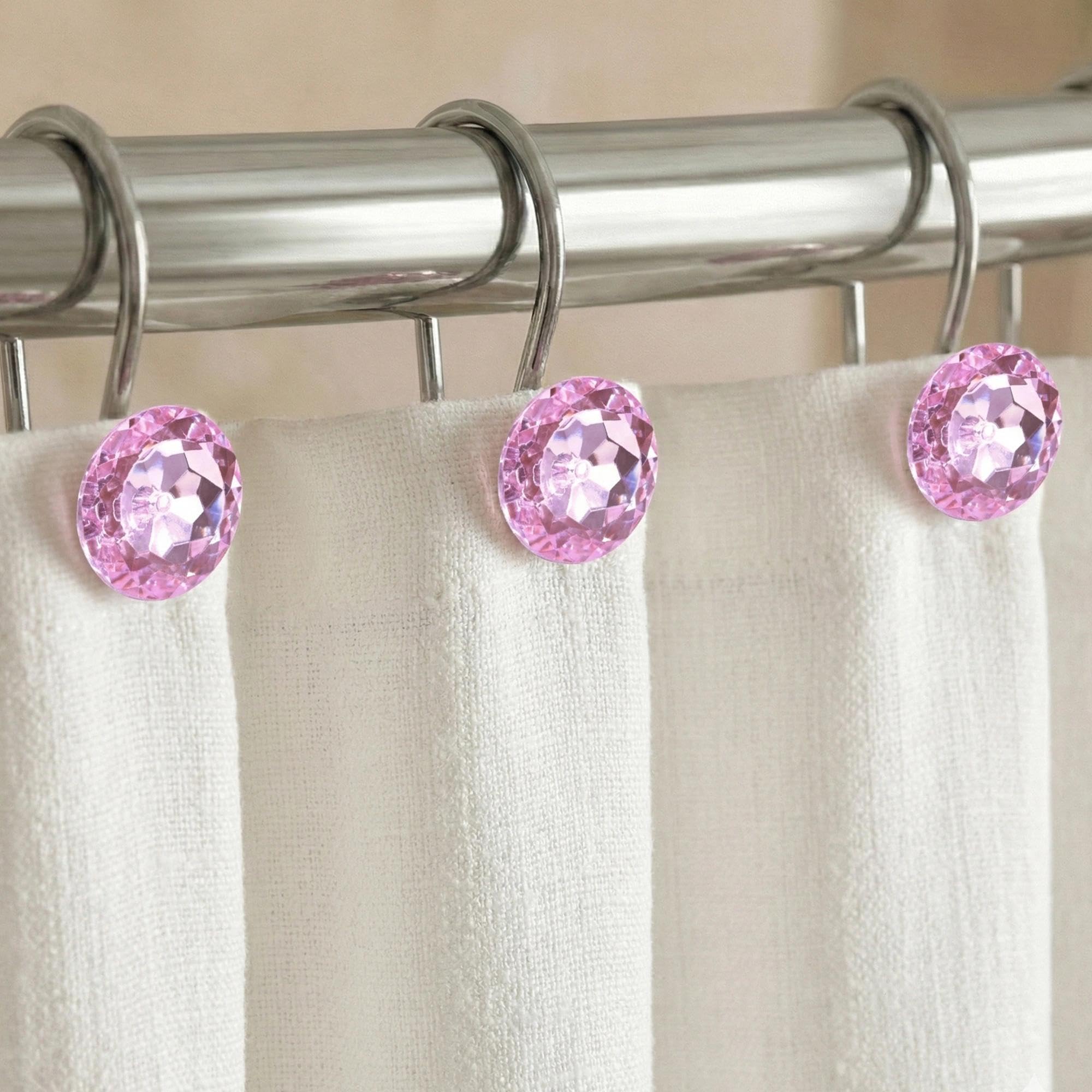 Popkozzi Pink Crystal Shower Curtain Hooks: Bling Glitter Sparkle Shiny Round Diamond Decorative Shower Curtain Rings for Bathroom - Luxury Fancy Glam Blush Shower Curtain Hooks & Hangers - Set of 12