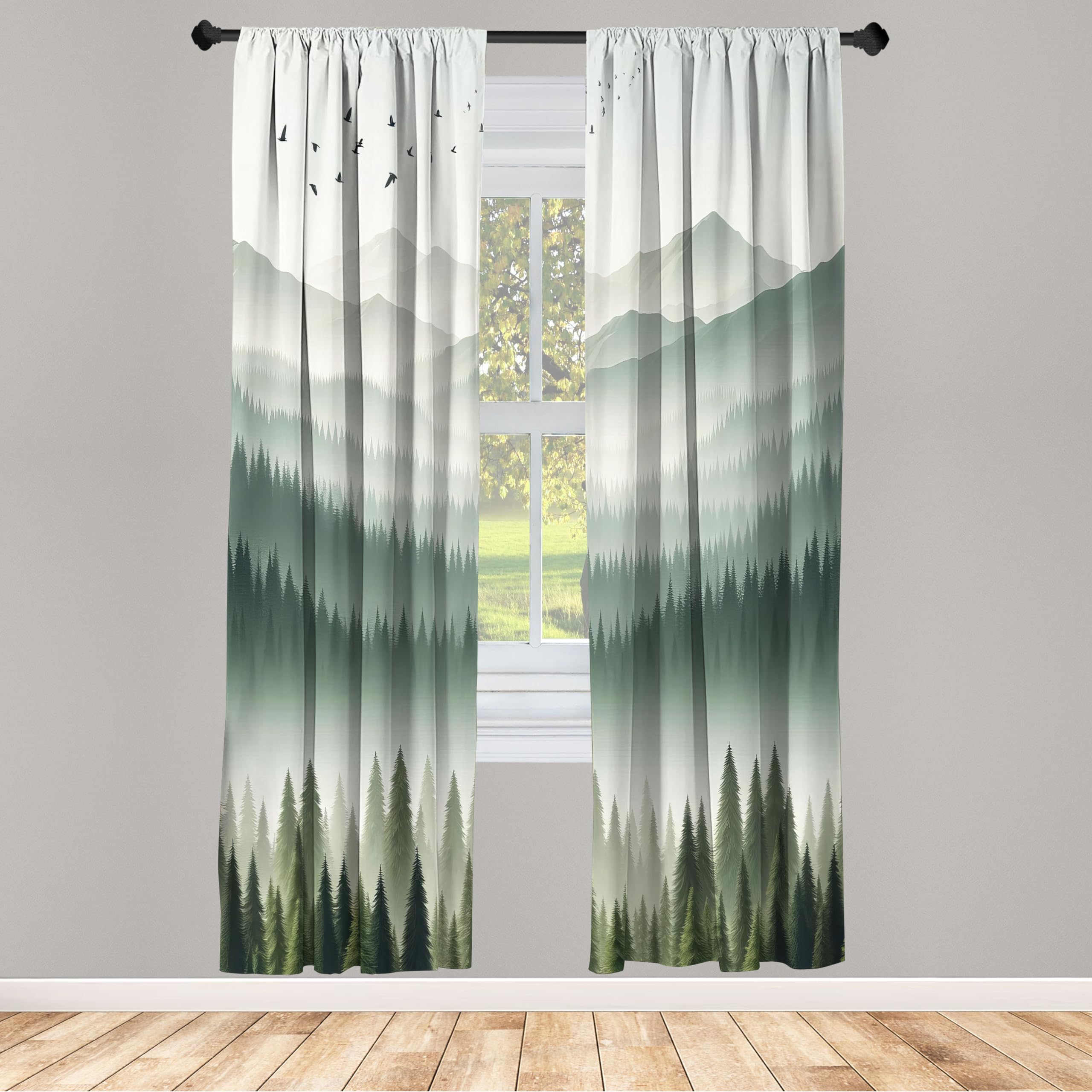 ABAKUHAUS Green Window Curtains Pack of 2, Contemporary Minimalist Lands of Wild Forest and Misty Mountain Range Print, Lightweight Set & Rod Pocket, 4 Panels of - 28" x 84", Cadet Blue Grey Teal