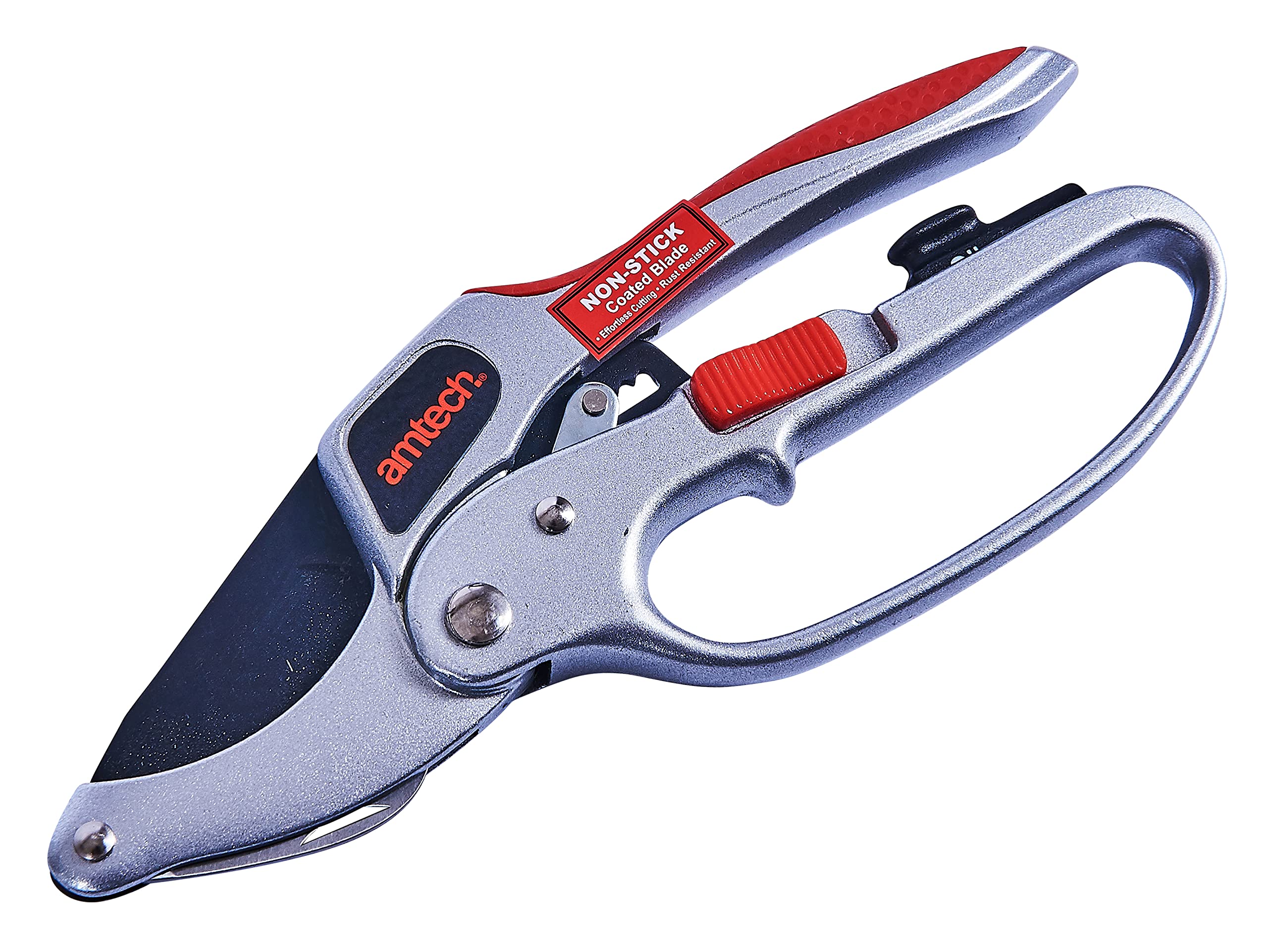 Amtech U0485 4-in-1 Deluxe Ratchet Pruner, Secateurs Includes Oil Sponge, Knife Blade & Sharpener
