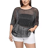 MakeMeChic Women's Plus Size Sequin Tops Mesh Sheer Crew Neck Lettuce Trim 3/4 Sleeve Tee Shirts