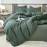 VM VOUGEMARKET Linen Cotton Duvet Cover Queen,3 Pcs Yarn-Dyed Textured Duvet Cover Set Green Flower Geometric Bedding Set,Ultra Soft and Breathable Comforter Cover Set