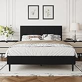 IOILORI Full Size Bed Frame Platform with Velvet Upholstered Headboard, Sturdy Wooden Slats, No Spring Box, No Noise, Easy to Assemble, Light Grey Bedframe with Strong Wooden Slats, Black
