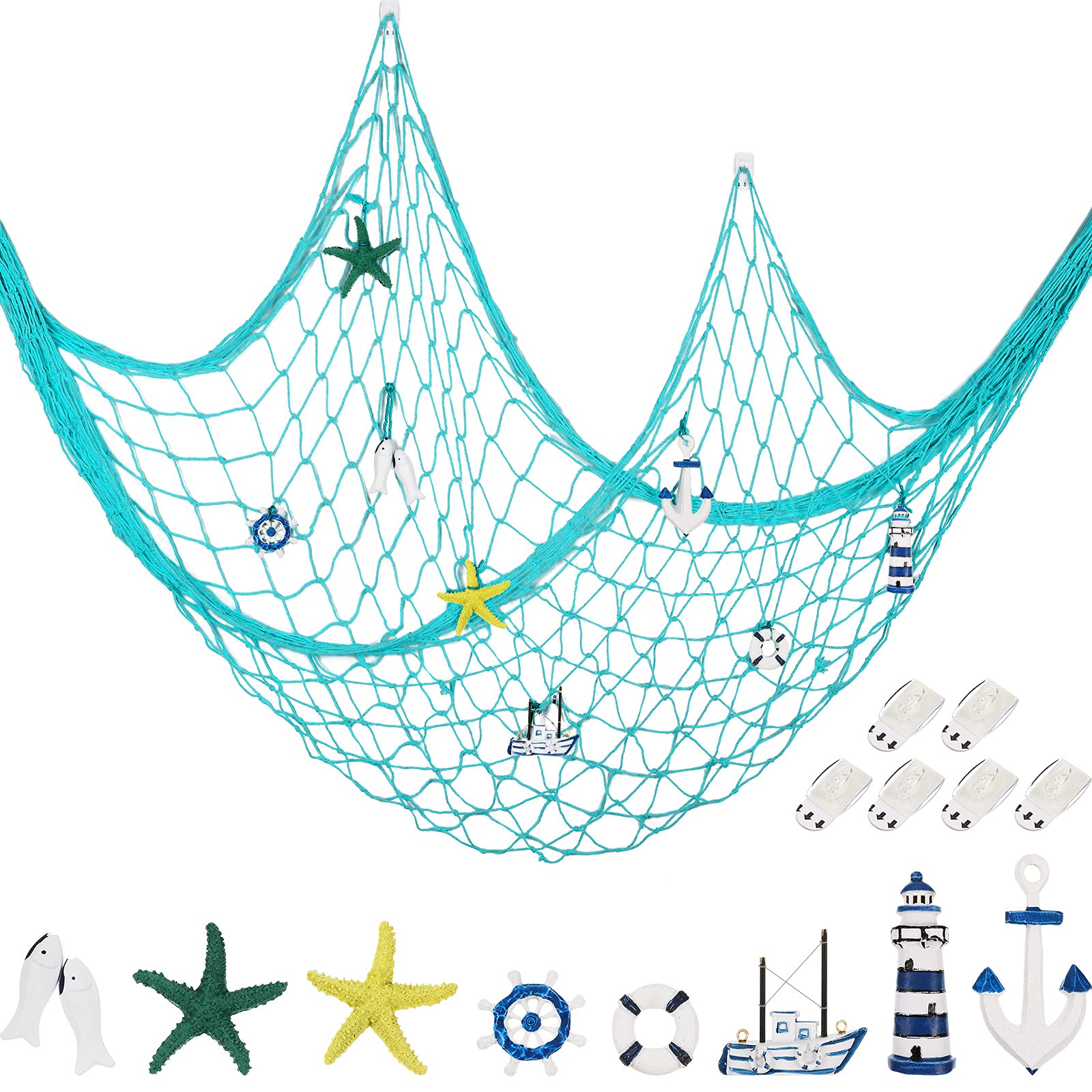 Photo 1 of Decorative Fishnet Nautical Fishing Net Wall Hanging Decor, 8 Pieces Starfish, Sailboat, Lighthouse, Life Ring, Rudder, Anchor with Transparent Hook for Mermaid Mediterranean Party (Light Blue)