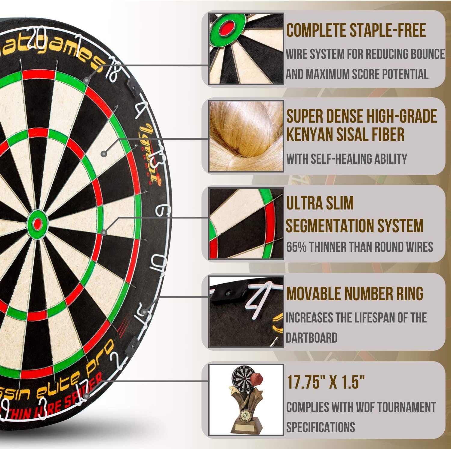 Professional Dart Board Set - Bristle/Sisal Tournament Dartboard with Complete Staple-Free Ultra Thin Wire Spider + 6 Steel Tip Darts + Darts Measuring Tape + Darts Guide (Assassin Elite Pro) : Sports & Outdoors